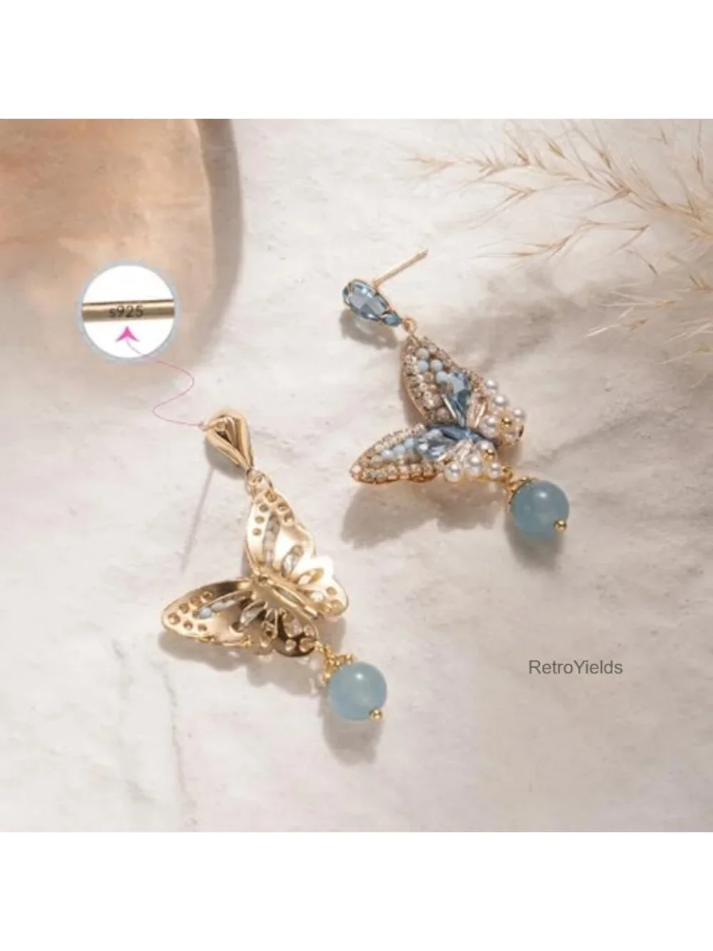 Dangle Flower Floral Blue Crystal Drop Earrings 14K Gold Plated Hypoallergenic